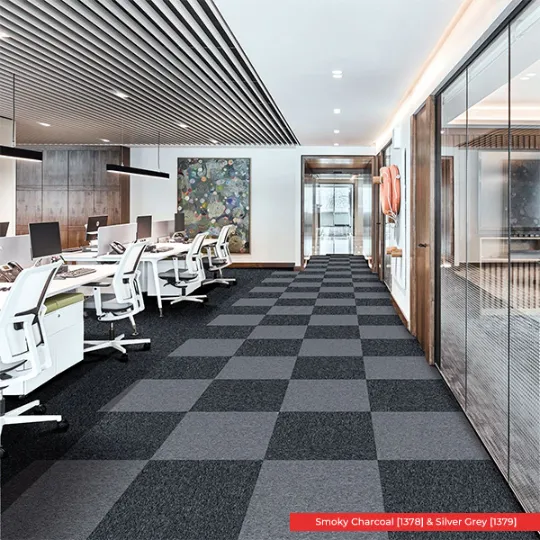 Heavy Duty Commercial Carpet Tiles Smoky Charcoal Silver Grey Office Example